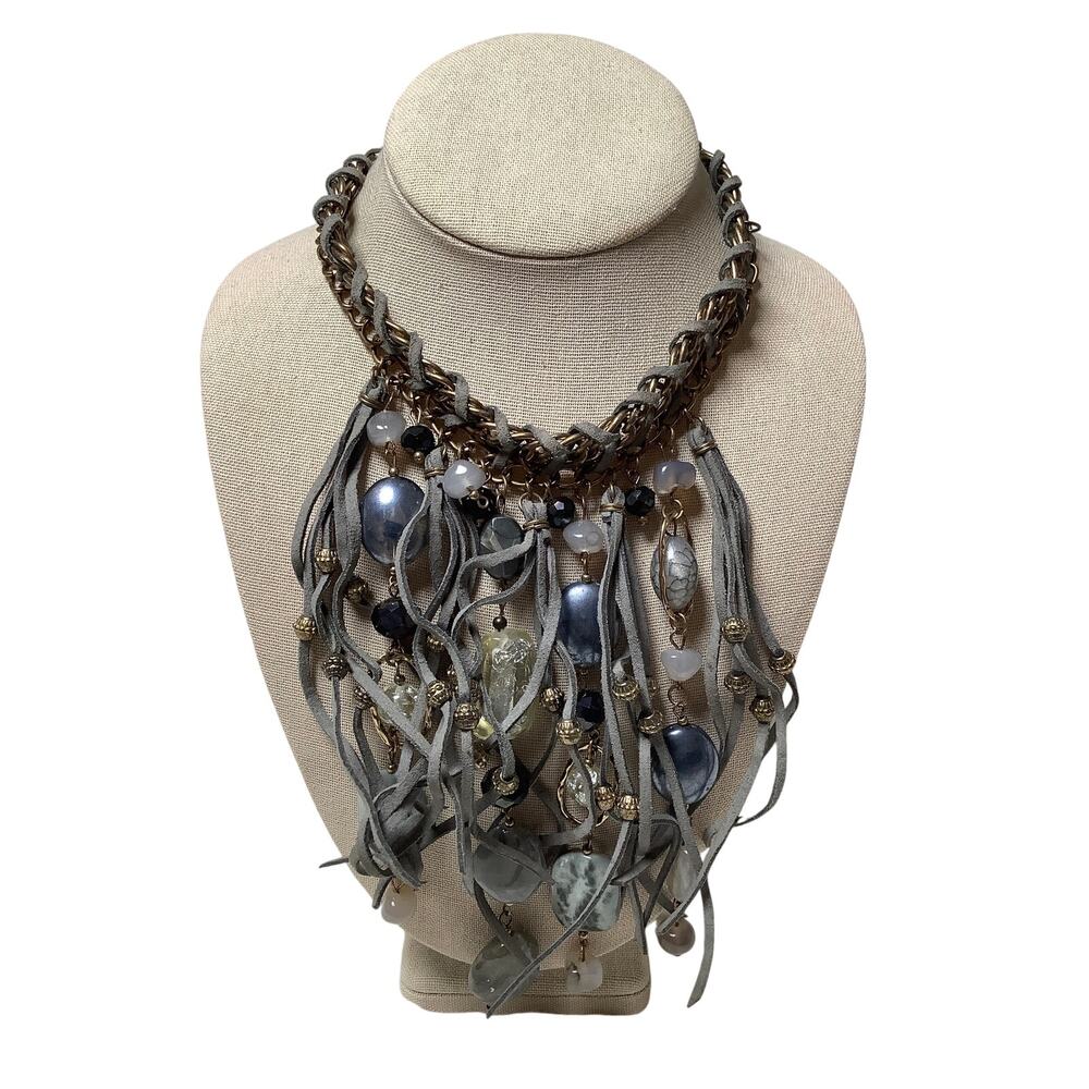 Erica Lyons Mixed Media Beaded Fringe Suede Cord Bib Statement Necklace F16-49